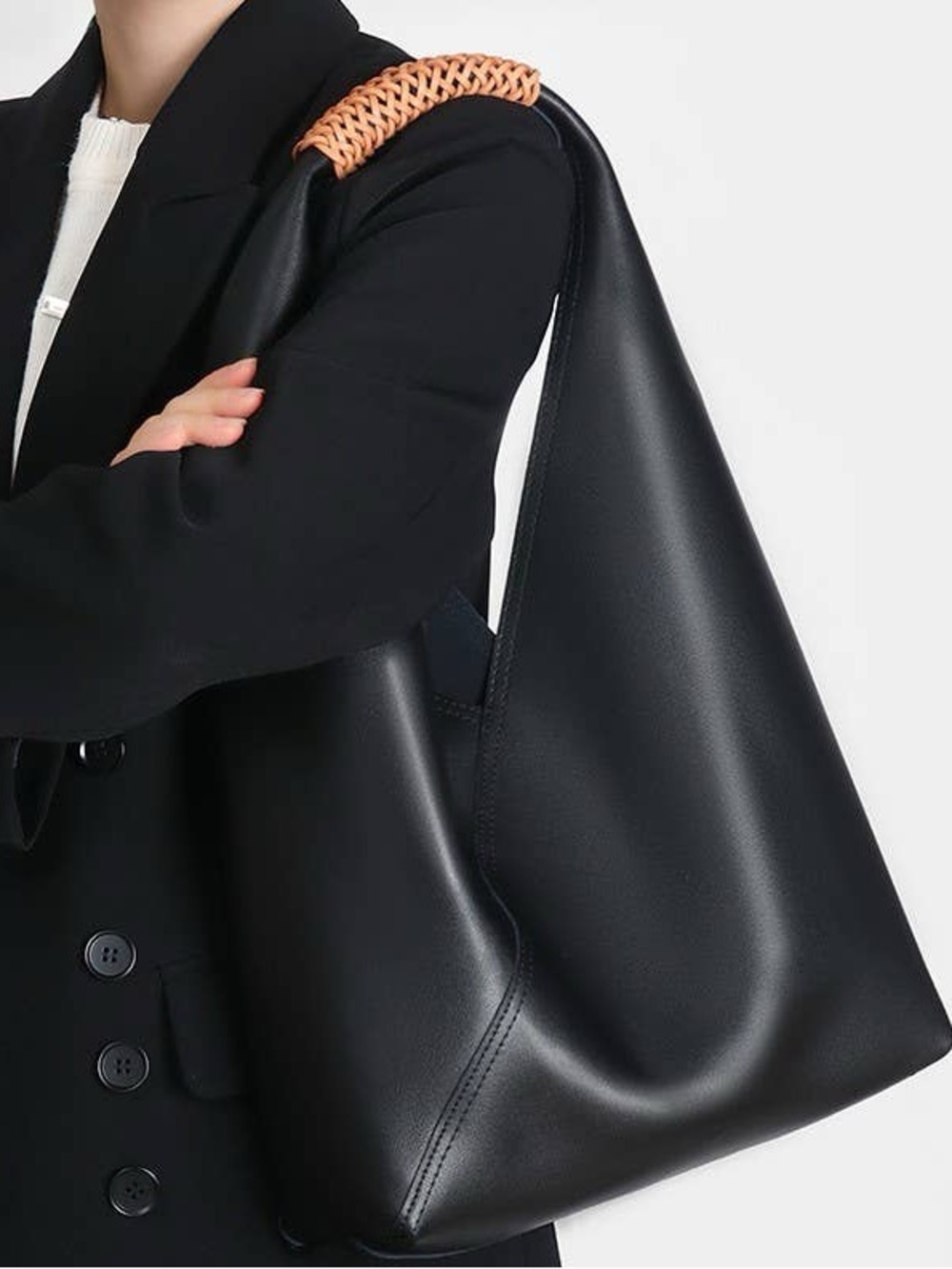 NWT Modenaire Soft Leather Slouchy Hobo Tote Bag Black Woven Handle